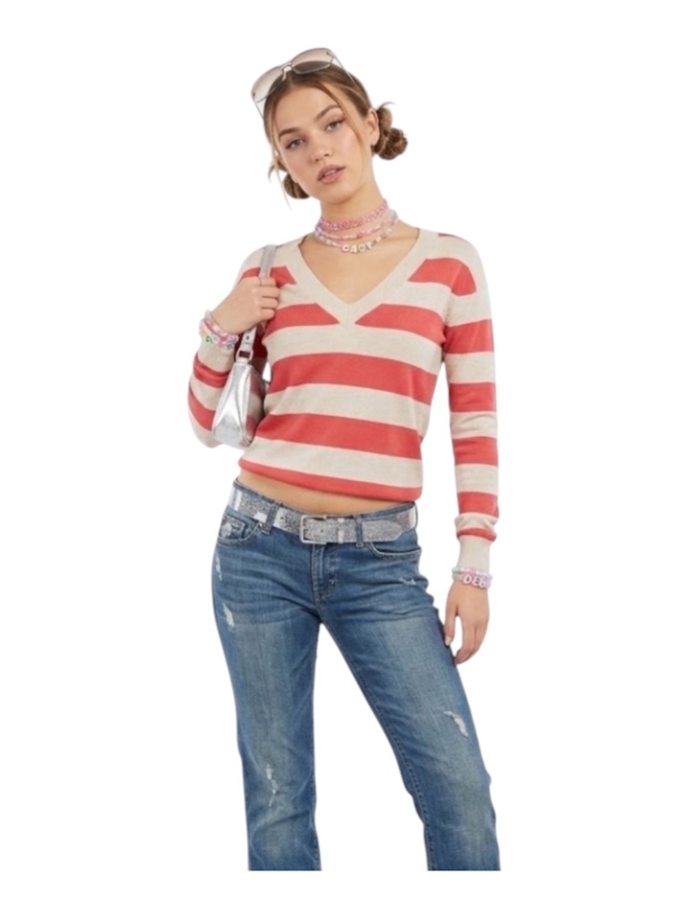 Gap Striped Cashmere Blend Deep V-Neck Pullover Sz S Coral Cream Preppy Y2K 90s